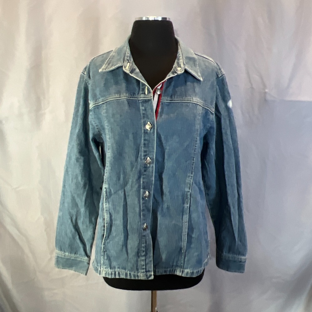 Norton Studio Denim Jacket Womens 12 Blue Cotton Ribbon Side Slit Button Up